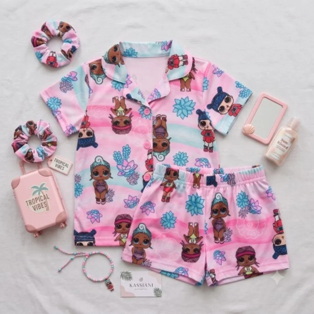 L.O.L. Surprise Girls Tropical Vacation Pink Button Front Pajamas Shorts Set 8